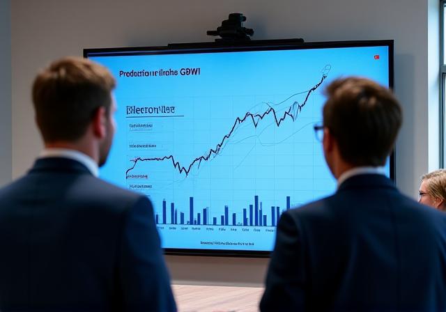 Business professionals analyzing growth data on a large screen with graph projections